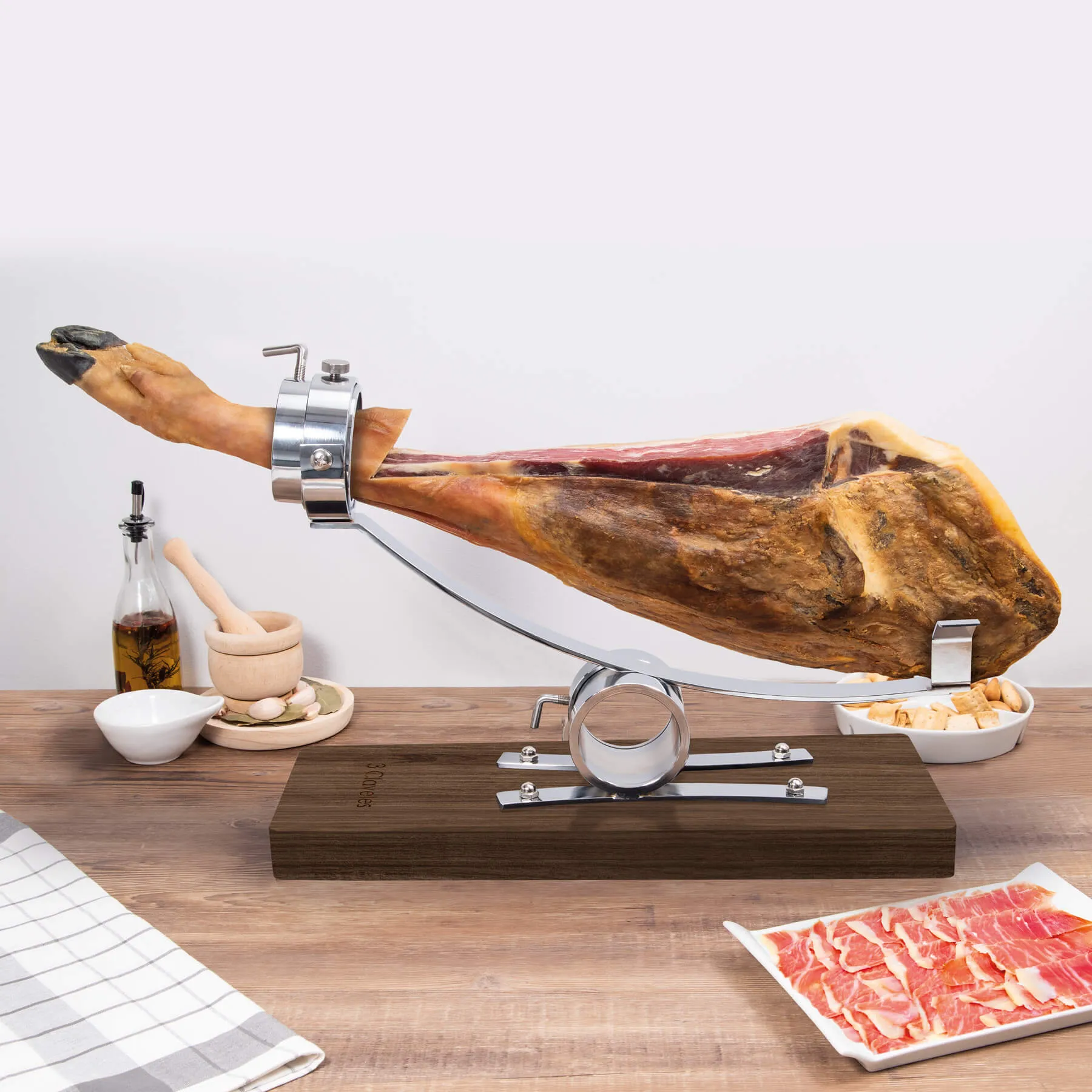 Soporte Jamonero Basculante con cabezal giratorio 3 Claveles + Cuchillo jamonero + cubre jamón de regalo - Imagen 7