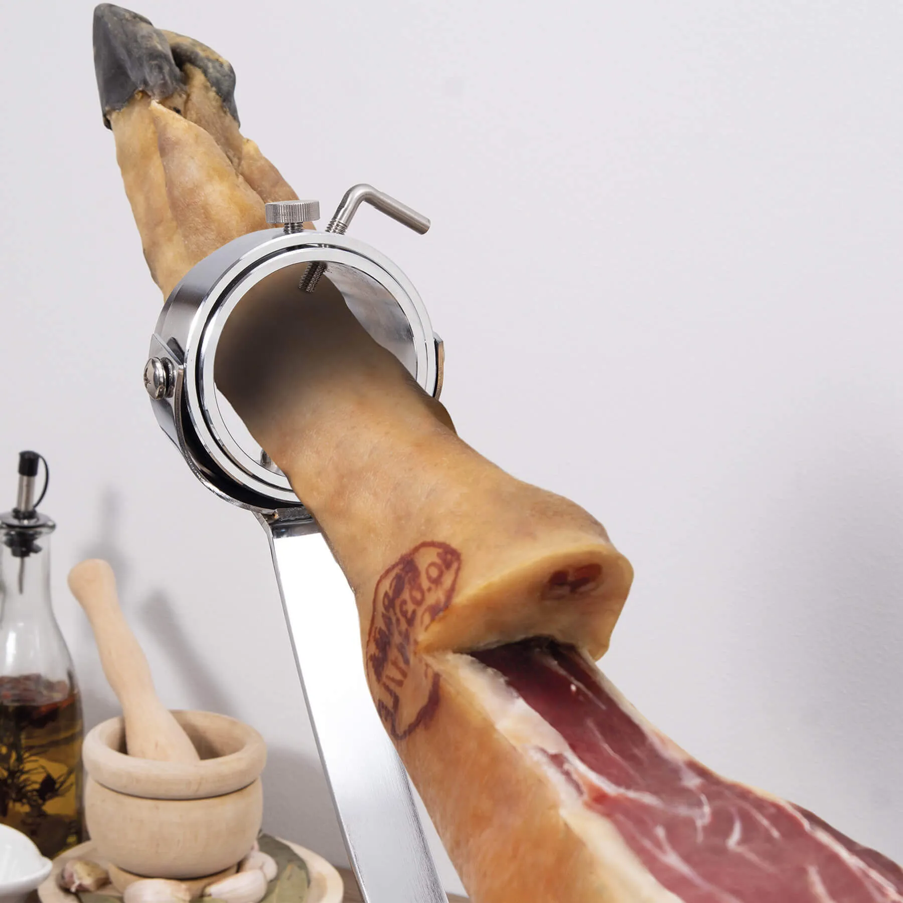 Soporte Jamonero Basculante con cabezal giratorio 3 Claveles + Cuchillo jamonero + cubre jamón de regalo - Imagen 8