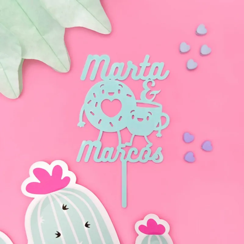 Topper personalizado Kawaii pareja donuts y café - Imagen 2