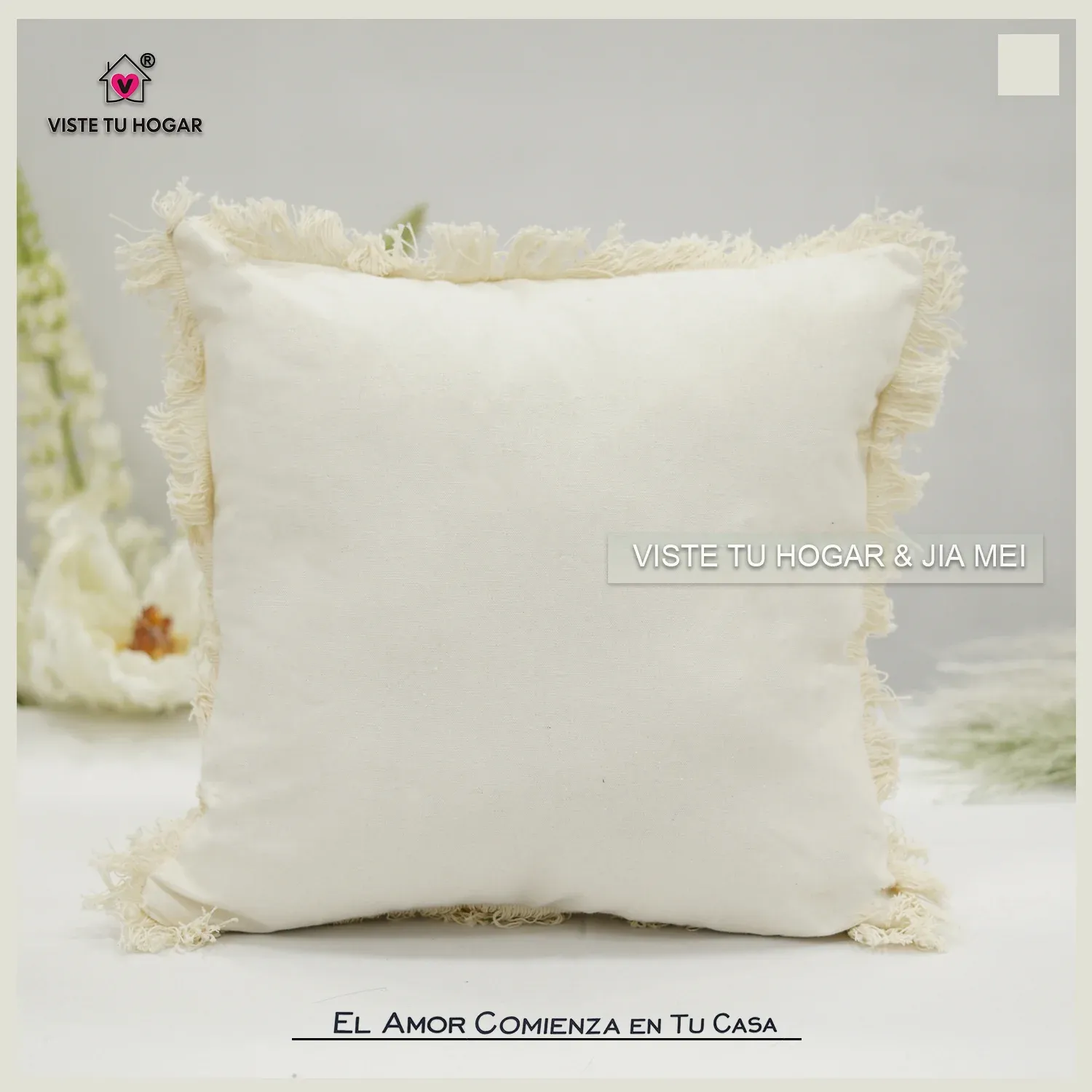 Cojín De Color Liso Algodón Y Poliéster Embellecido Con Flecos En Los Bordes - Imagen 6