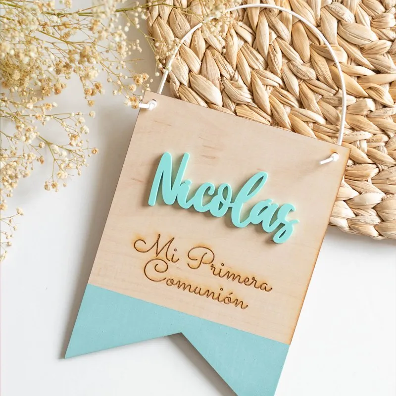 Banderín decoración Primera Comunión madera de arce