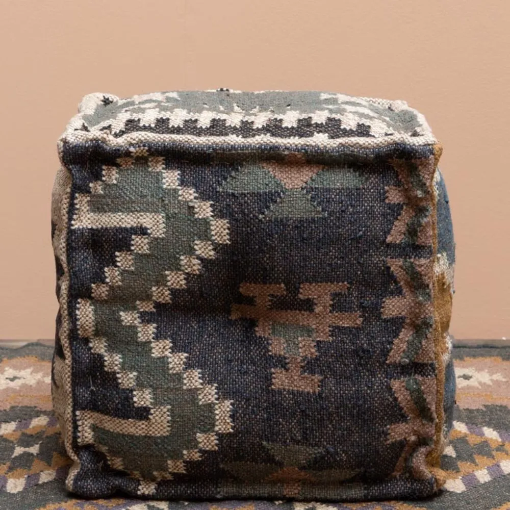 Puf reposapiés Summer Kilim de lana y yute cuadrado Blue - Imagen 3