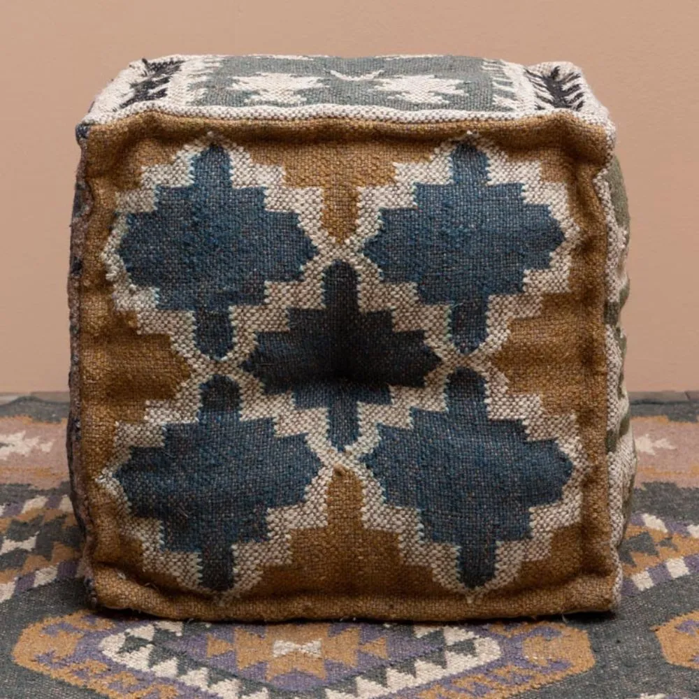 Puf reposapiés Summer Kilim de lana y yute cuadrado Blue - Imagen 6