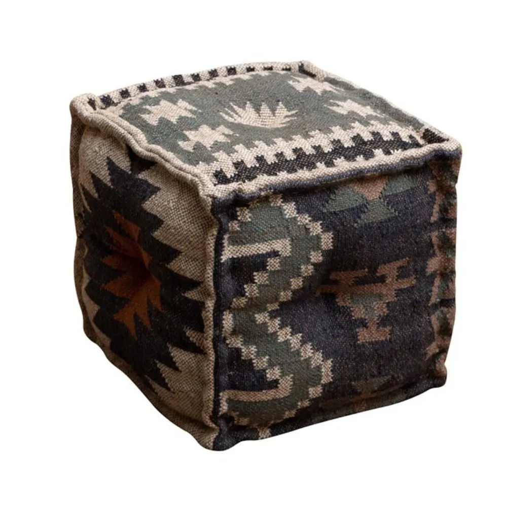 Puf reposapiés Summer Kilim de lana y yute cuadrado Blue