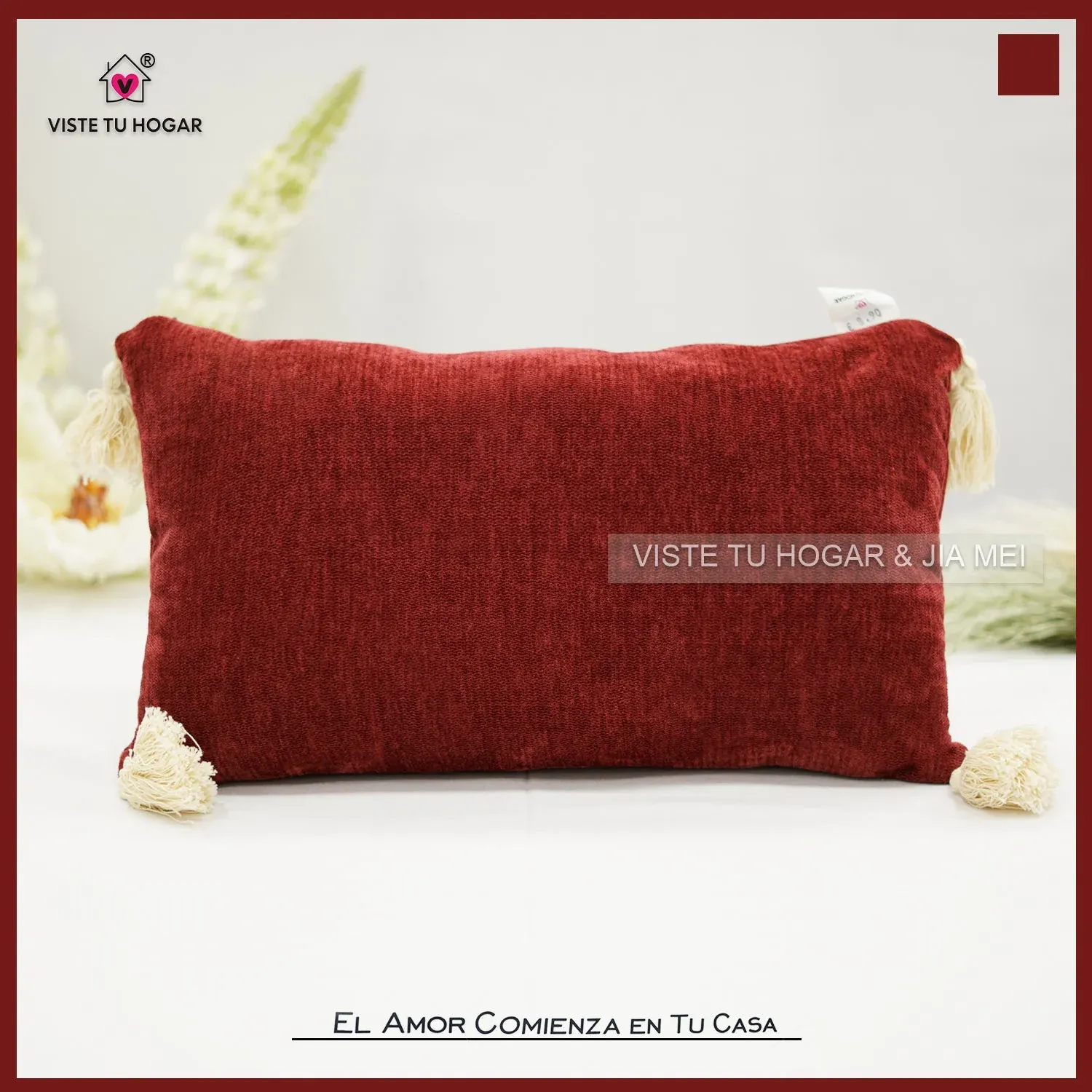 Cojín De Color Liso Algodón Y Poliéster Embellecido Con Flecos En Las Esquinas - Imagen 4