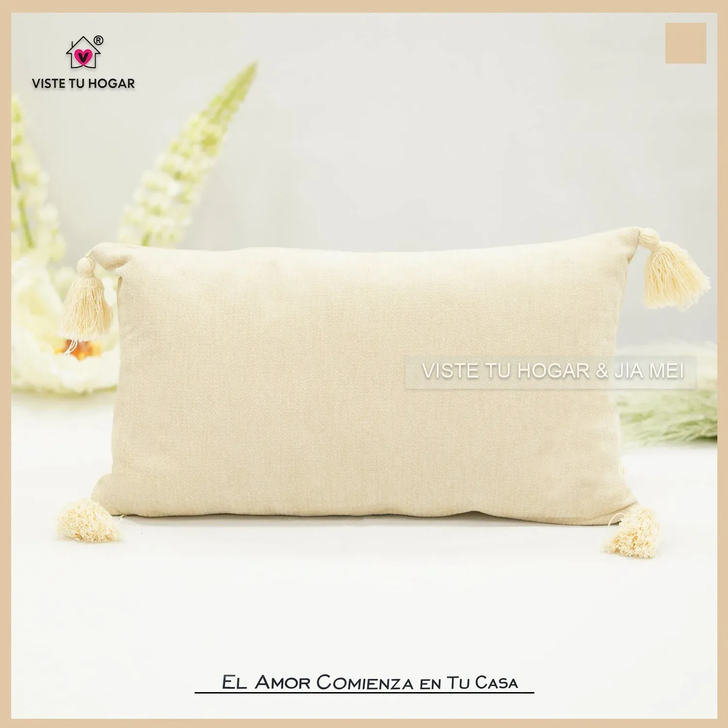 Cojín De Color Liso Algodón Y Poliéster Embellecido Con Flecos En Las Esquinas - Imagen 6