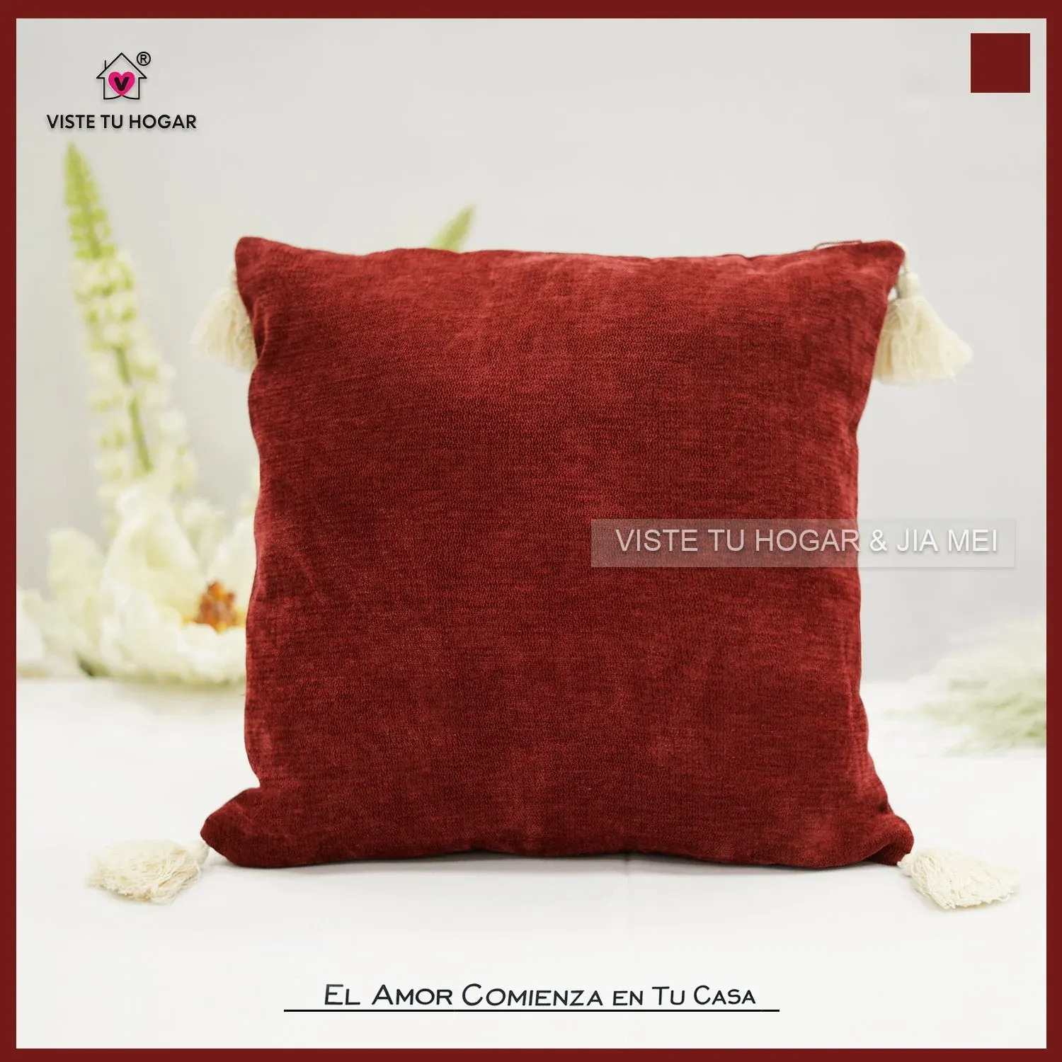 Cojín De Color Liso Algodón Y Poliéster Embellecido Con Flecos En Las Esquinas - Imagen 3