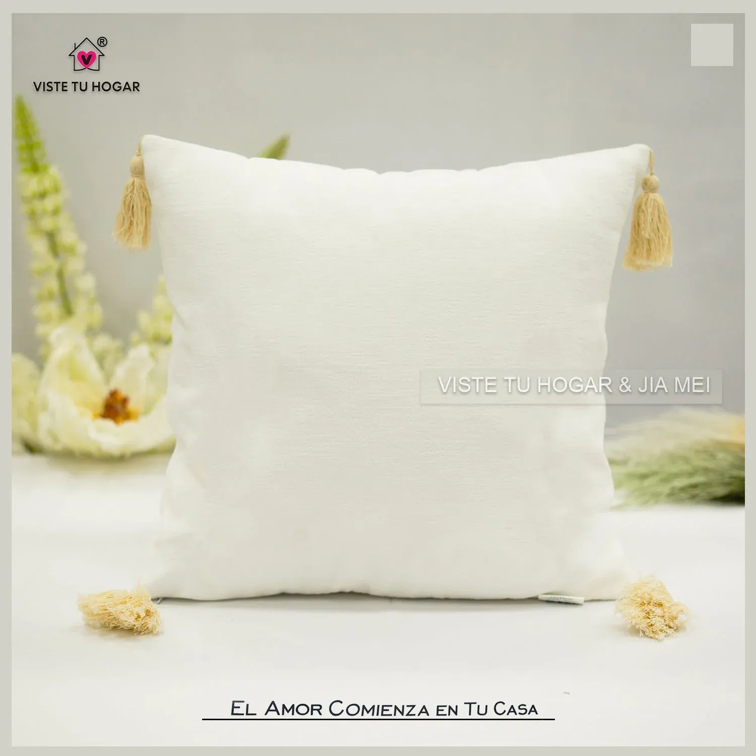 Cojín De Color Liso Algodón Y Poliéster Embellecido Con Flecos En Las Esquinas - Imagen 9