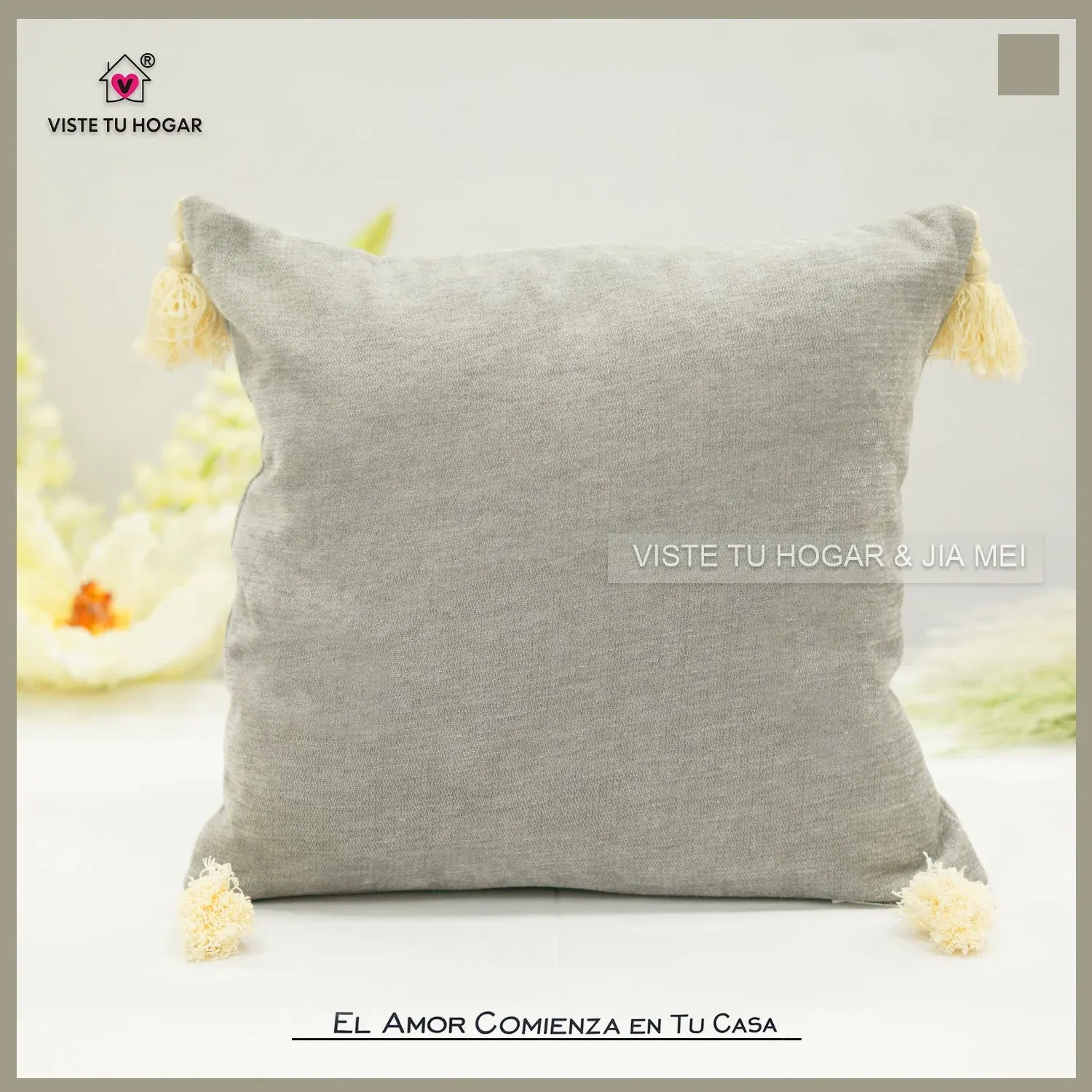 Cojín De Color Liso Algodón Y Poliéster Embellecido Con Flecos En Las Esquinas - Imagen 7