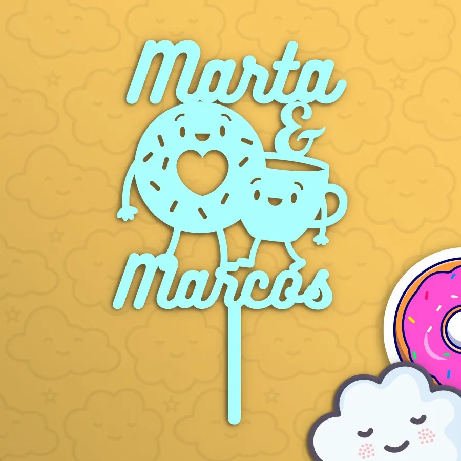 Topper personalizado Kawaii pareja donuts y café