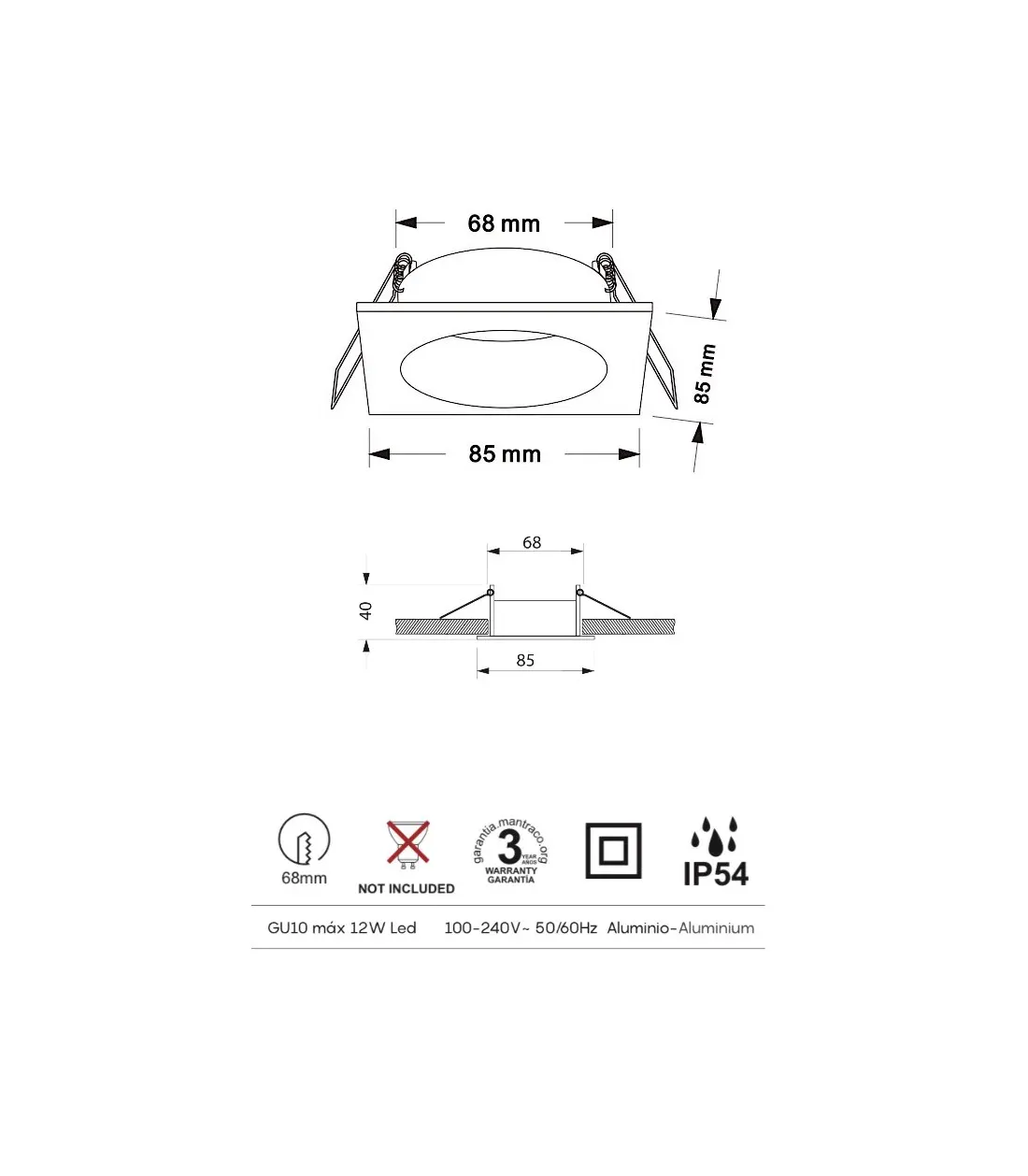 Foco empotrable GU10 Tavira cuadrado IP54 85mm - Imagen 4