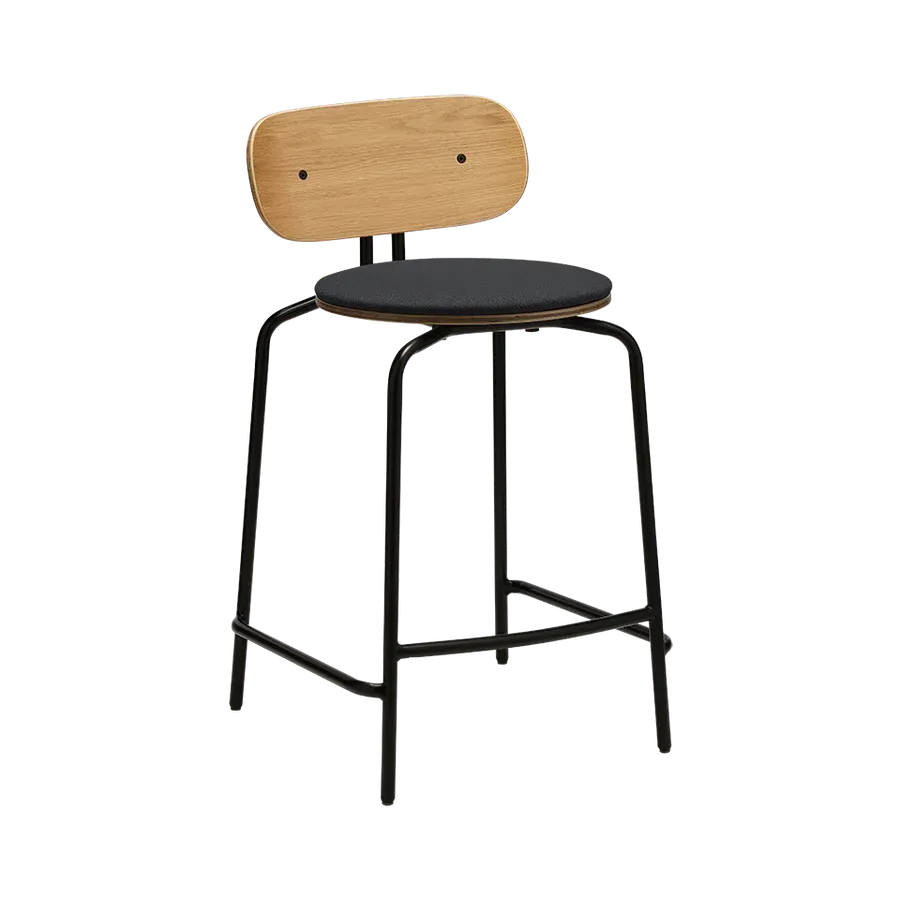 Taburete alto Curious en madera de roble y acero tapizado Shadow