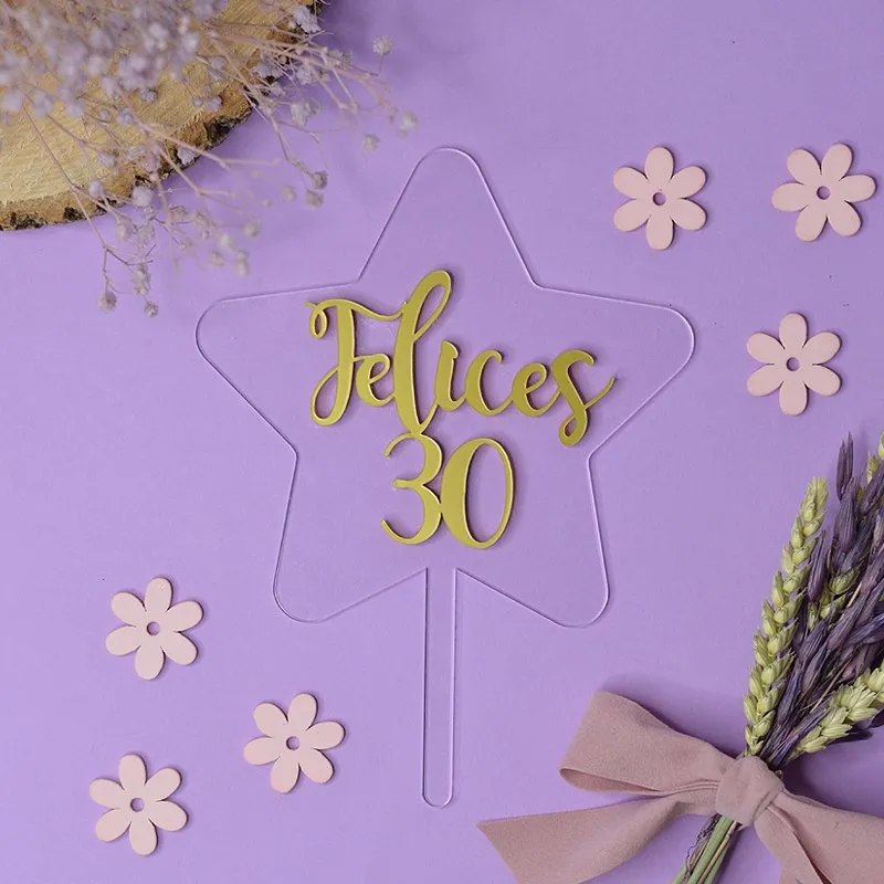 Topper Felices + edad sobre estrella acrílico transparente