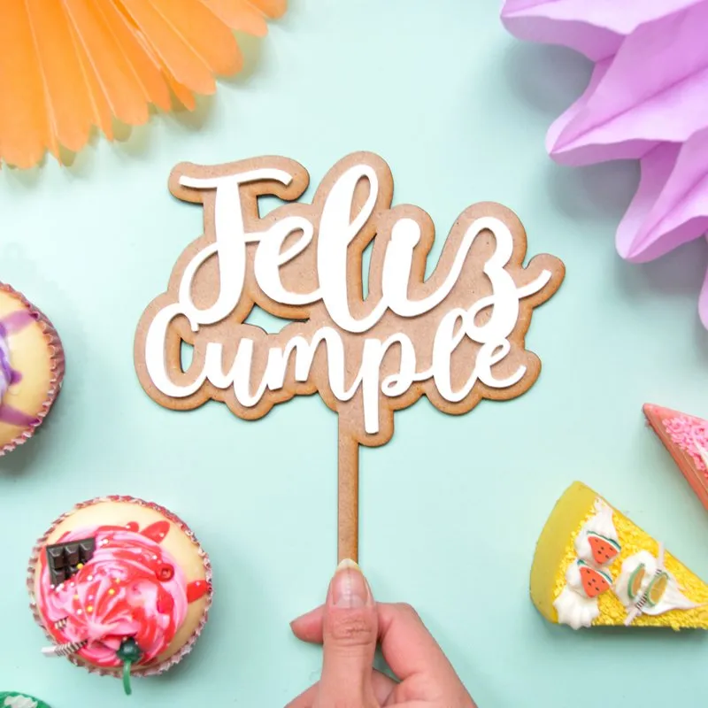 Topper Feliz Cumple acrílico color + base madera