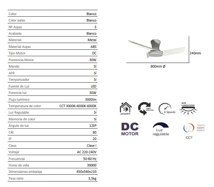 Ventilador de Techo Sky Maxi 80cm – Motor DC Silencioso, Luz LED 30W Regulable y Diseño Moderno - Imagen 5